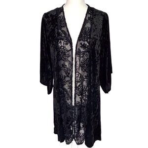 Black Crushed Velvet Floral Burnout Long Cardigan Duster Womens M/L Whimsigoth